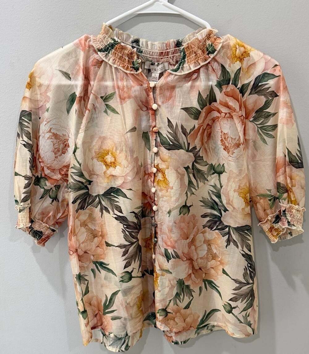 Floral Peony Print Button-Down peasant cottage Blouse Size S